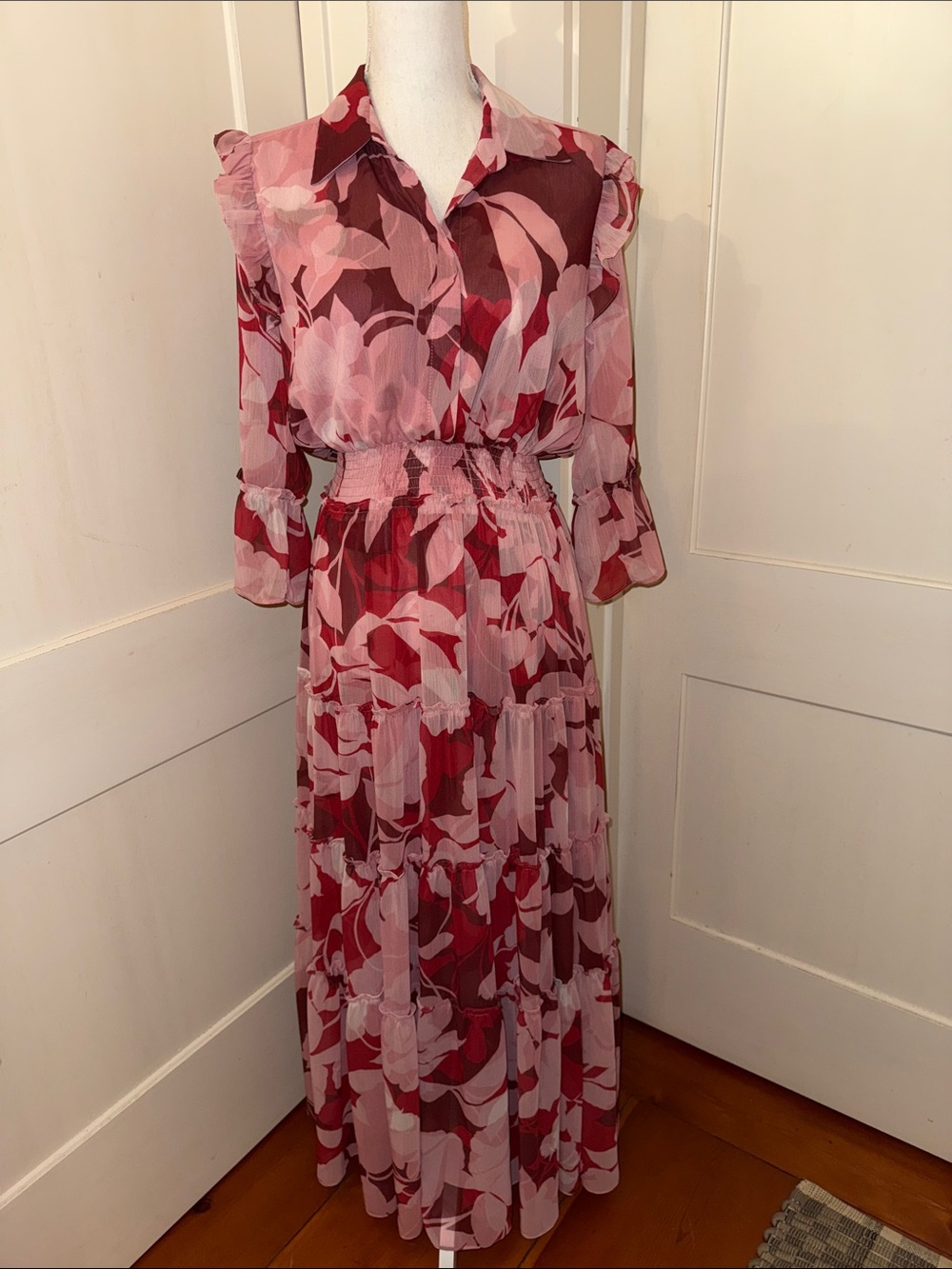 Floral Pink and Red Maxi Shirt Dress
